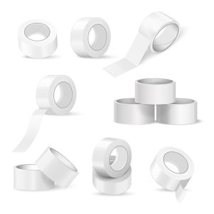 visual representation of different rolls of labels or duct tape on a white background.